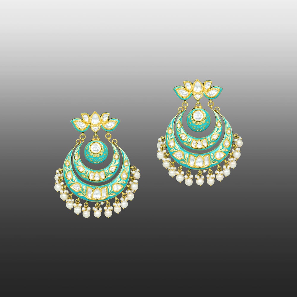Turquoise Lotus-Inspired Chandbali Earrings with Polkis and Pearls